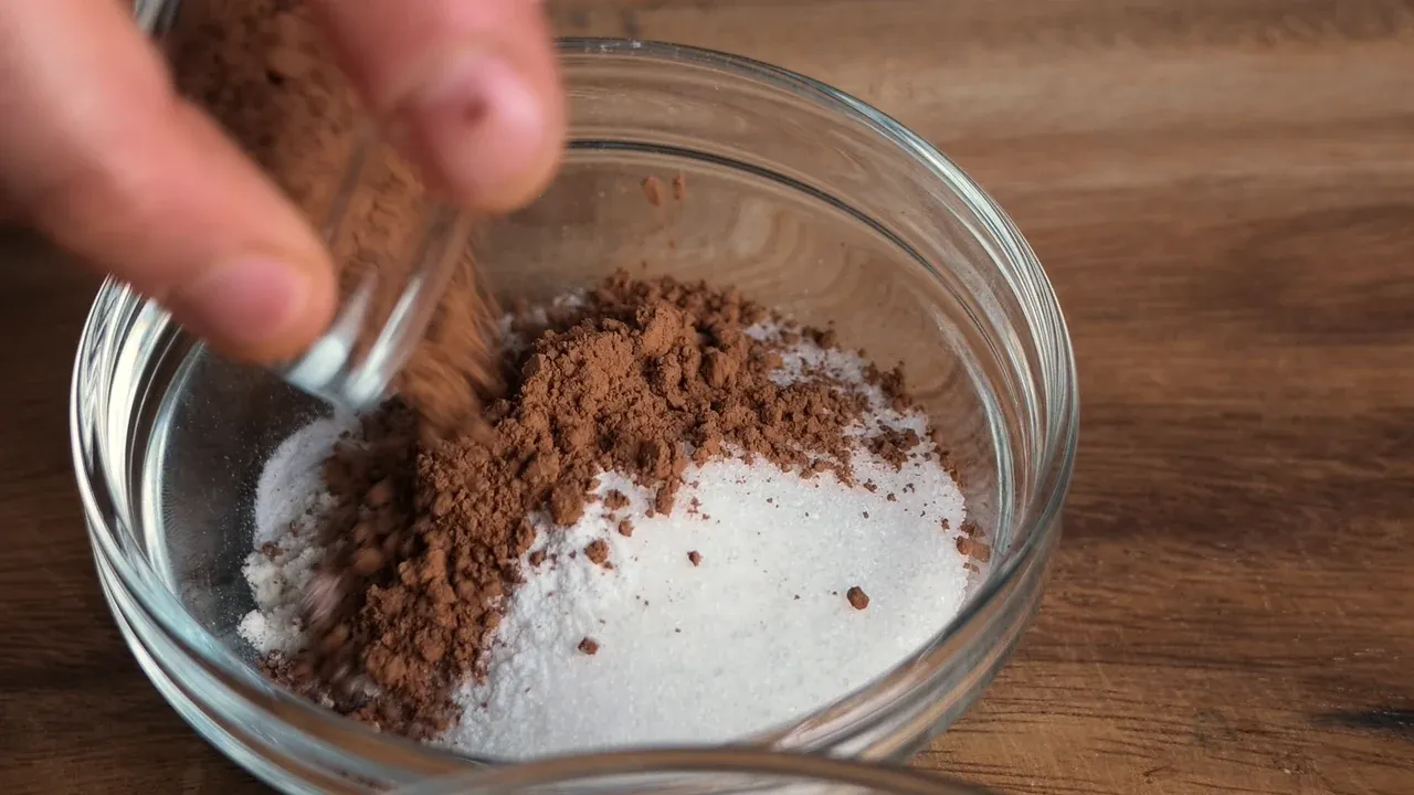 Cocoa powder poured over flour and sugar in a small glass bowl