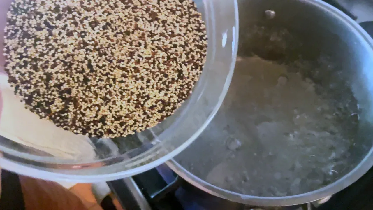 Tricolour quinoa tipped from a glass bowl into a pot of boiling water