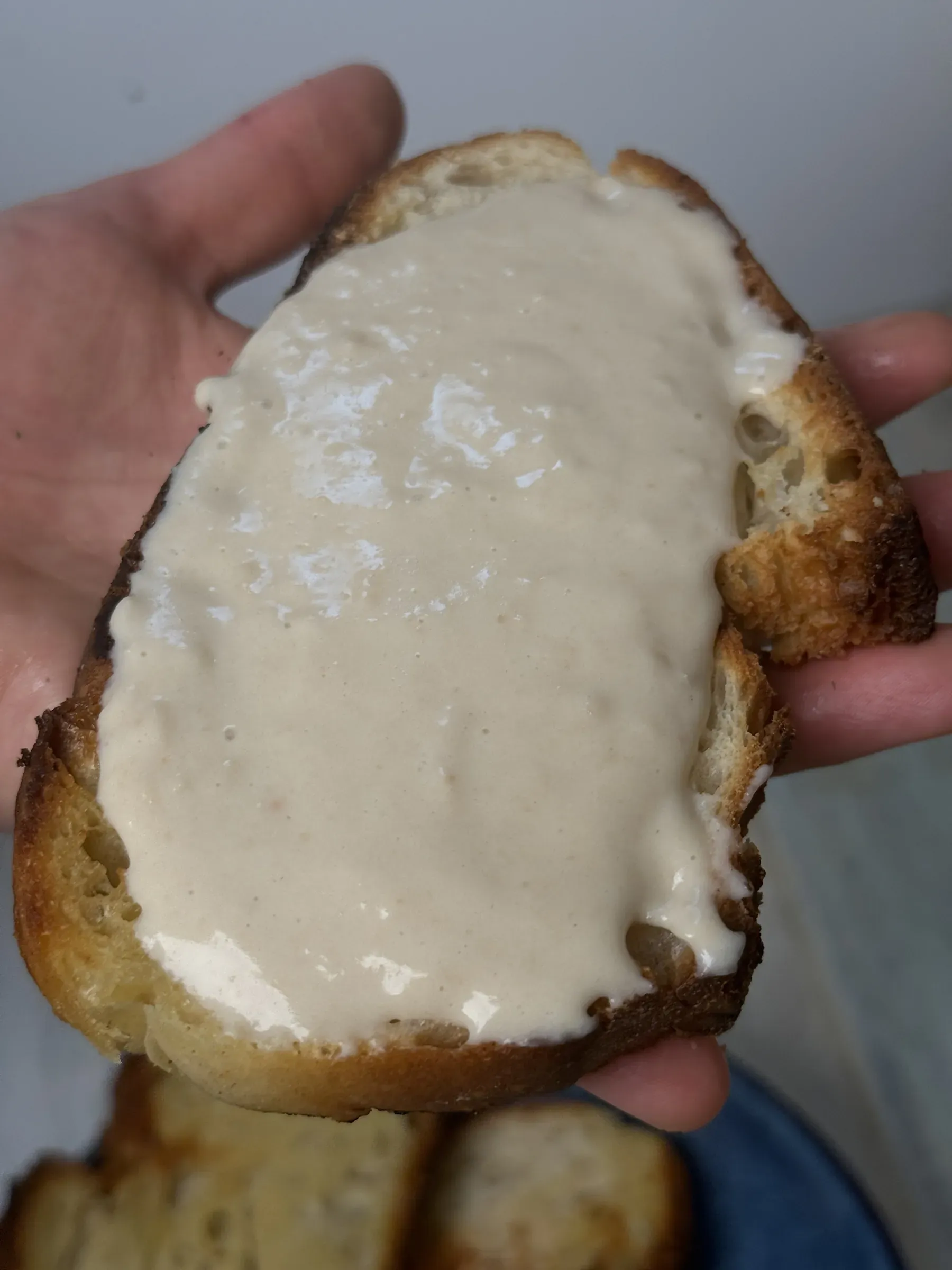 A slice of toasted crusty bread covered with a thick layer of creamy, glossy vegan cheese, held in a hand above a plate of toast