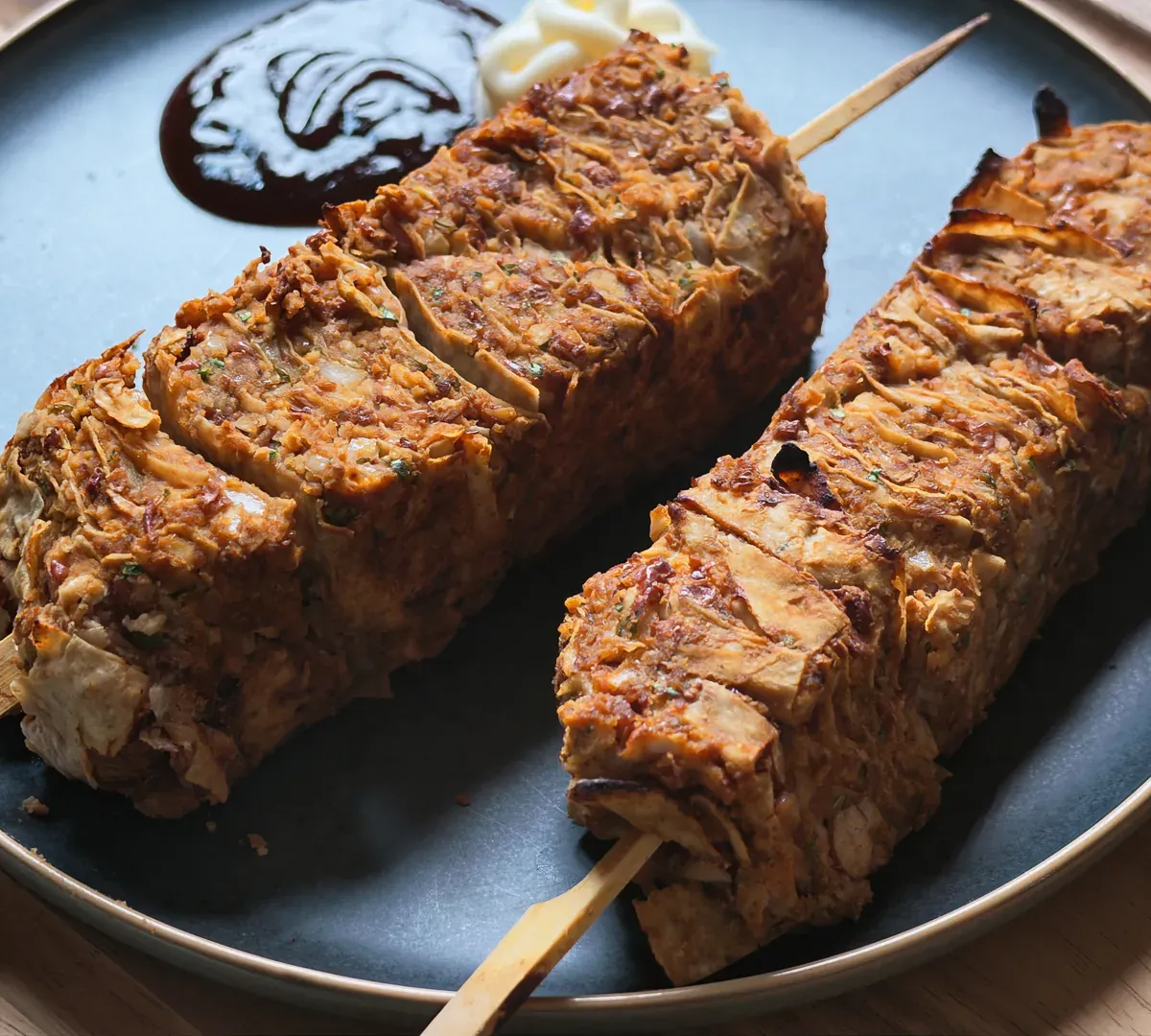 Two baked layered tortilla, bean and tofu skewers on a dark plate with vegan mayonnaise and dark BBQ sauce
