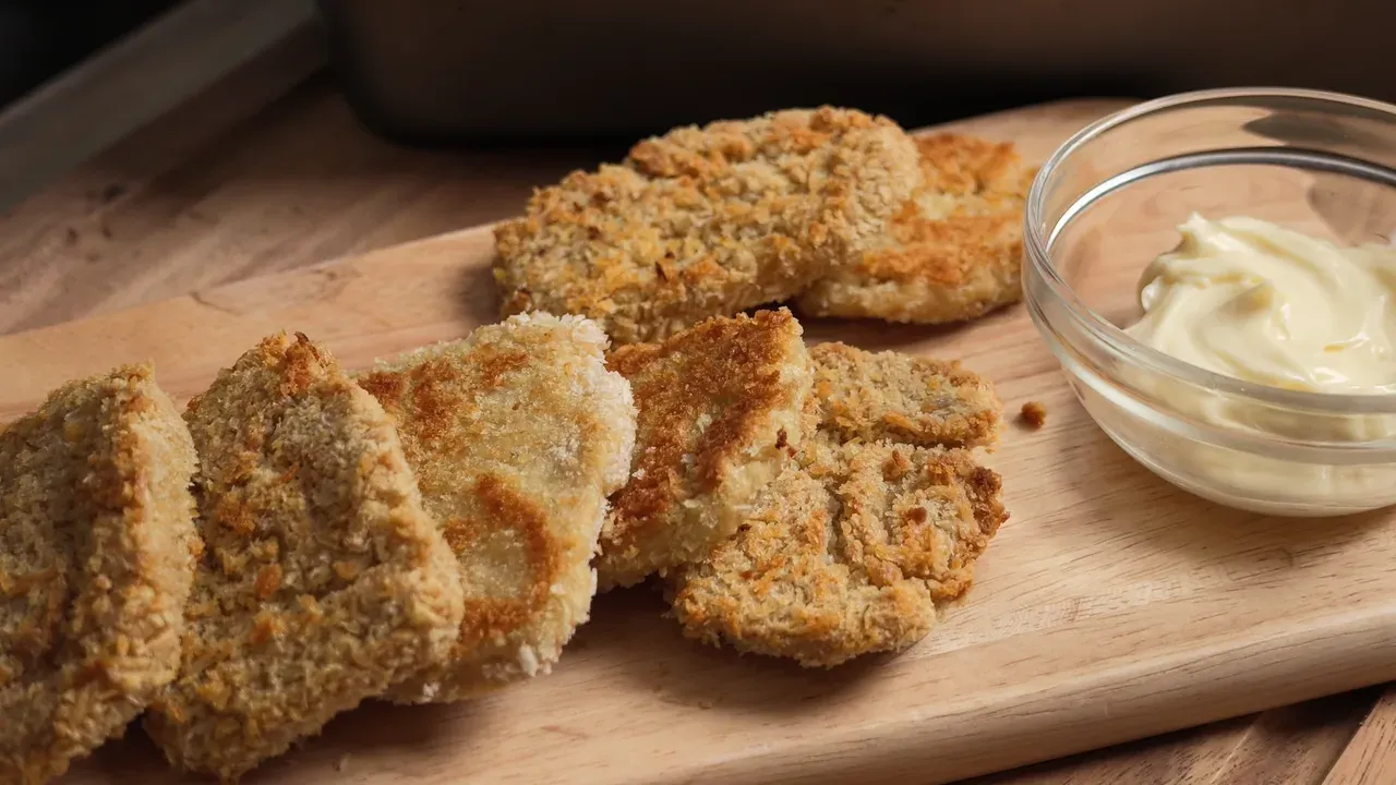 Golden baked tofu chickpea nuggets on a wooden board with a bowl of creamy dip